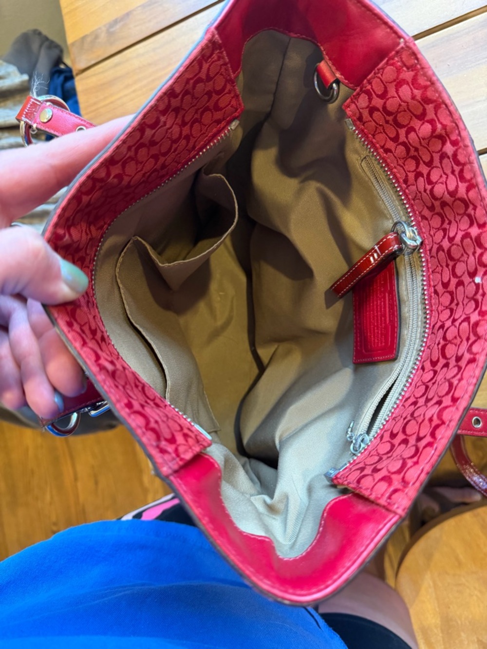 Coach Red Signature Canvas Tote with Patent Leather Trim - Picture 8 of 10